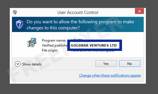 Screenshot where GOLDBAR VENTURES LTD appears as the verified publisher in the UAC dialog